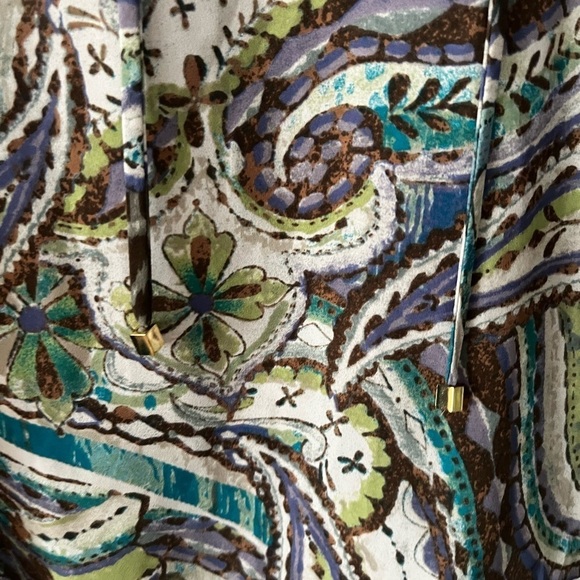 Chico's Women's Taupe Green Turquoise Paisley Lace Up Tie Neck Blouse Top - Picture 6 of 11